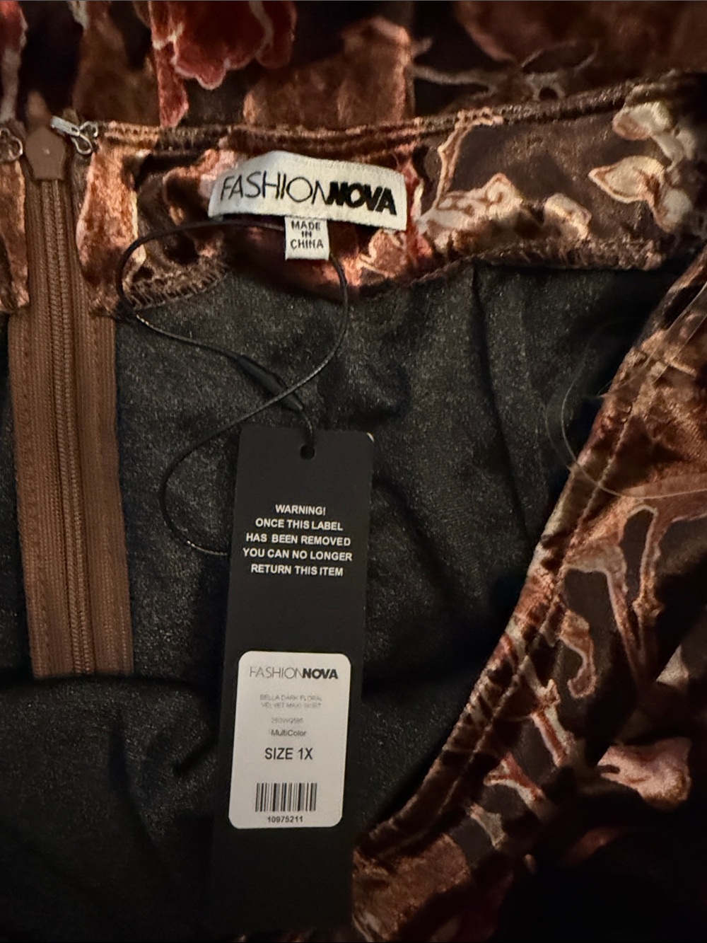 Fashion Nova Brown and Rust Floral Velvet Maxi Skirt - Picture 4 of 6
